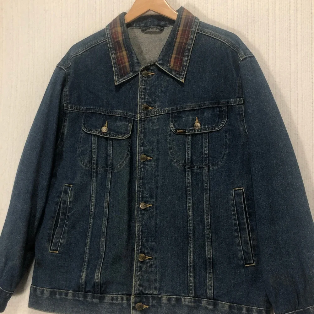 Lee Denim Jacket‎ Blue Plaid Collar Gardening Embroidery Jean Coat